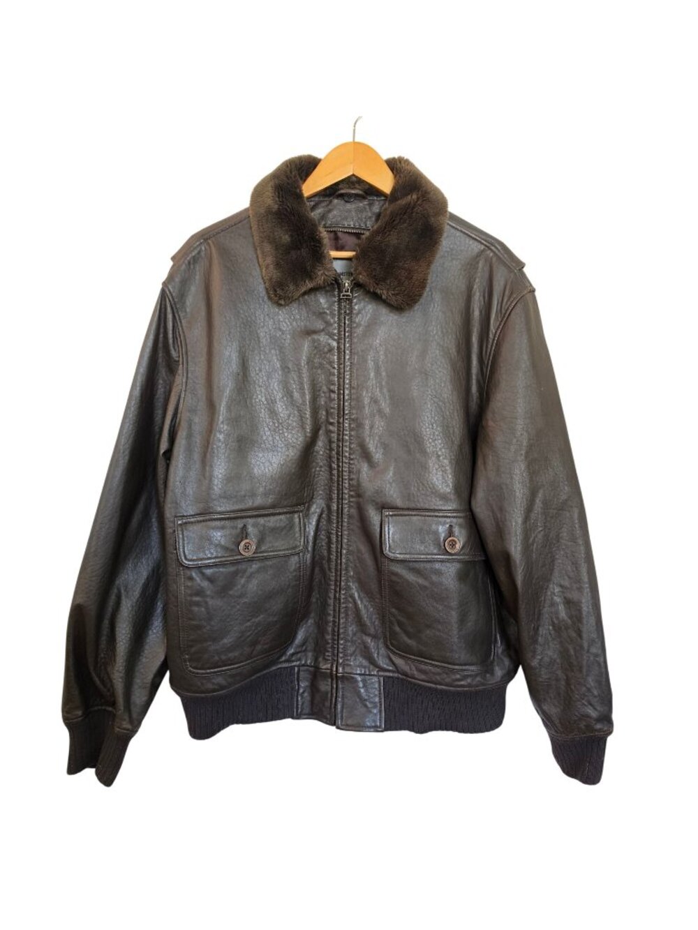 Johnston & Murphy XL Brown Genuine Leather Bomber Jacket Fur Collar Flight Coat
